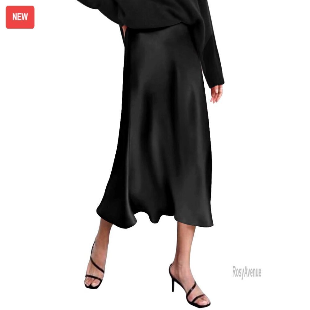 Satin High Waist Midi Skirt, Polyester Spandex Blend, Elegant A-Line